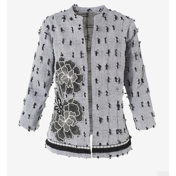 Chico's Gray Blazer with Black And White Floral Embroidery and Fringe Size S - Picture 1 of 8